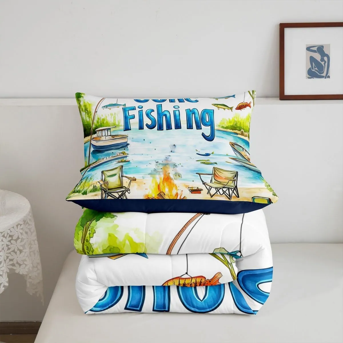 Castle Fairy Lakeside Fishing Full Size Comforter Sets for Kids Adults,Outdoor Camping Adventure Bedding Sets Youth Men Teens Child Bedroom Decor,Kids Boys Coastal Boat 3 Pieces Quilt Set