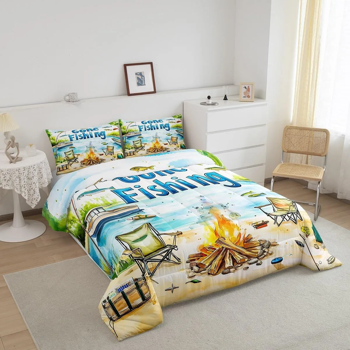 Castle Fairy Lakeside Fishing Full Size Comforter Sets for Kids Adults,Outdoor Camping Adventure Bedding Sets Youth Men Teens Child Bedroom Decor,Kids Boys Coastal Boat 3 Pieces Quilt Set