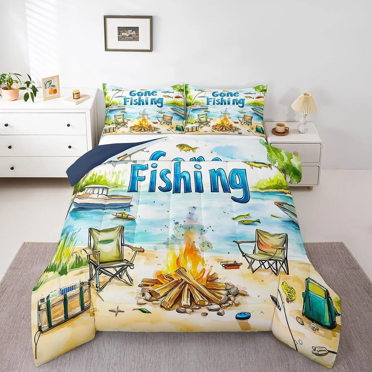 Castle Fairy Lakeside Fishing Full Size Comforter Sets for Kids Adults,Outdoor Camping Adventure Bedding Sets Youth Men Teens Child Bedroom Decor,Kids Boys Coastal Boat 3 Pieces Quilt Set