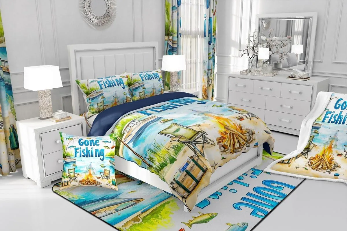 Castle Fairy Lakeside Fishing Full Size Comforter Sets for Kids Adults,Outdoor Camping Adventure Bedding Sets Youth Men Teens Child Bedroom Decor,Kids Boys Coastal Boat 3 Pieces Quilt Set