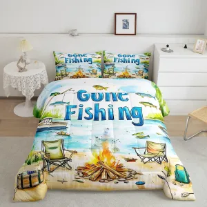 Castle Fairy Lakeside Fishing Full Size Comforter Sets for Kids Adults,Outdoor Camping Adventure Bedding Sets Youth Men Teens Child Bedroom Decor,Kids Boys Coastal Boat 3 Pieces Quilt Set