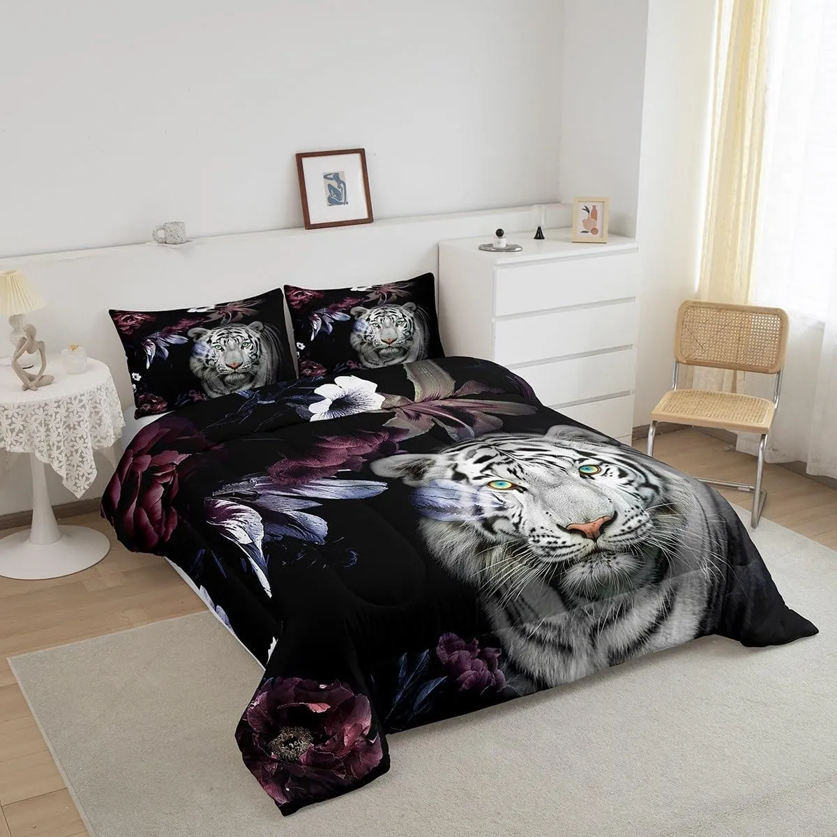 Castle Fairy Tiger Comforter Set King,Purple Flowers Quilt Set for Kids Teens Women Adults Room Decor,3D Print Wild Animals Plants Bedding Set Romantic Ultra Soft Bedspread 3pcs,2 Pillowcases,Black