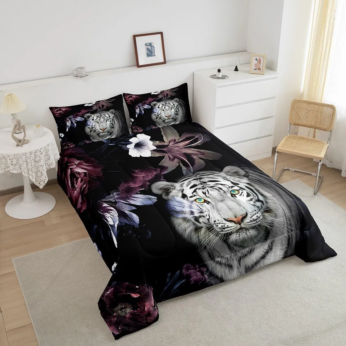 Castle Fairy Tiger Comforter Set King,Purple Flowers Quilt Set for Kids Teens Women Adults Room Decor,3D Print Wild Animals Plants Bedding Set Romantic Ultra Soft Bedspread 3pcs,2 Pillowcases,Black