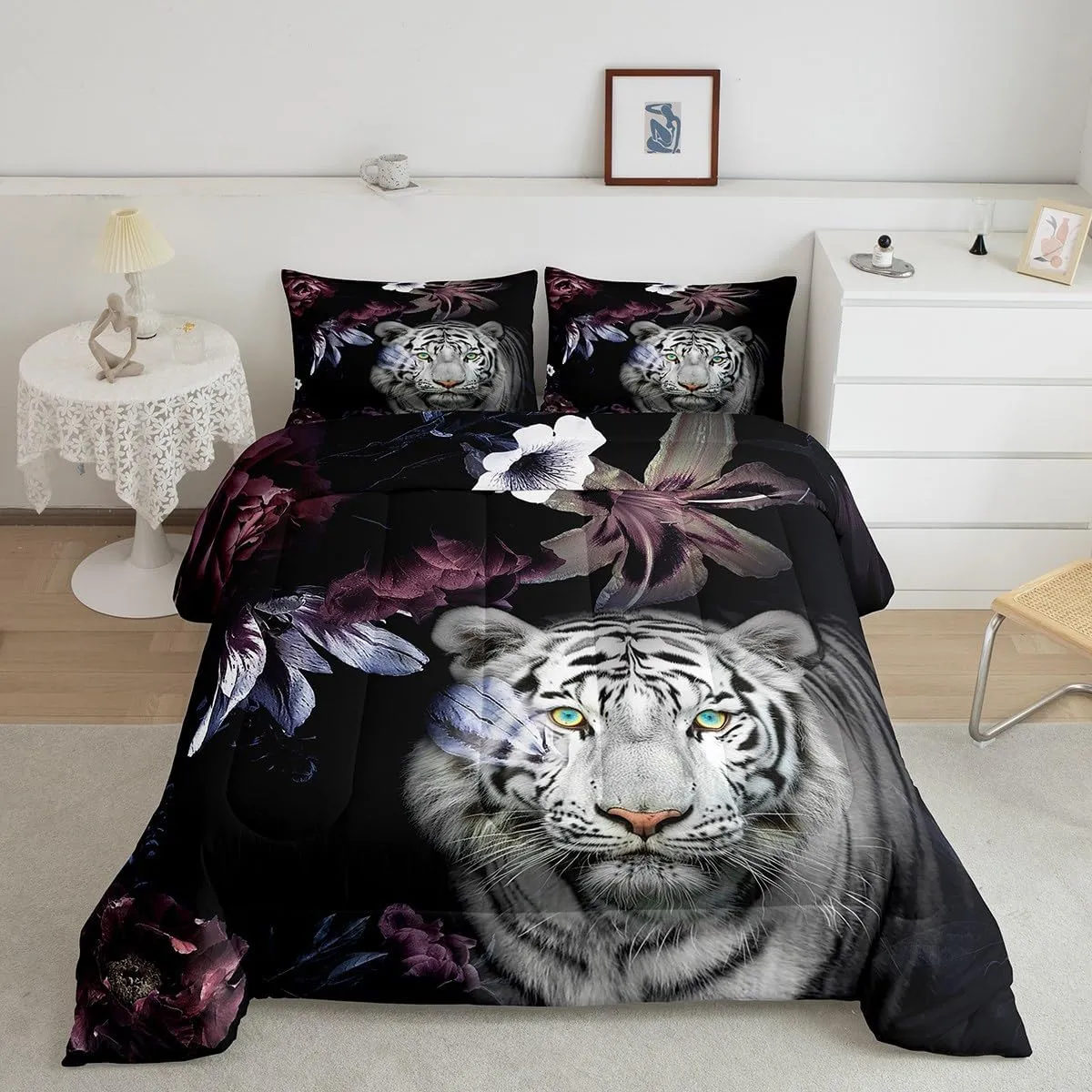 Castle Fairy Tiger Comforter Set King,Purple Flowers Quilt Set for Kids Teens Women Adults Room Decor,3D Print Wild Animals Plants Bedding Set Romantic Ultra Soft Bedspread 3pcs,2 Pillowcases,Black