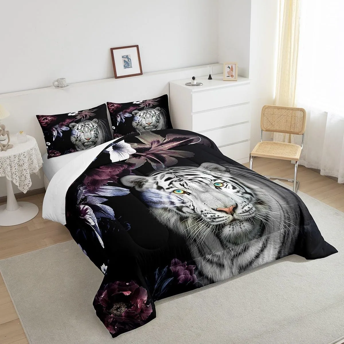 Castle Fairy Tiger Comforter Set King,Purple Flowers Quilt Set for Kids Teens Women Adults Room Decor,3D Print Wild Animals Plants Bedding Set Romantic Ultra Soft Bedspread 3pcs,2 Pillowcases,Black