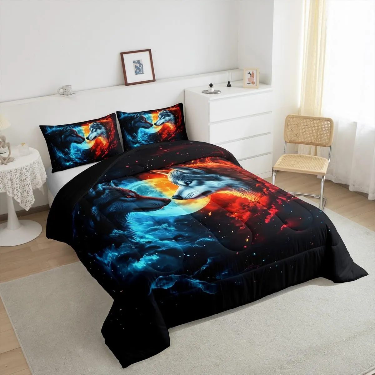 Castle Fairy Wild Wolf Bedding Set King Size 3D Fierce Animal Comforter Set for Girls Boys Room Decor Red Blue Burning Flame Down Comforter Moon Starry Galaxy Quilt Set with 2 Pillowcases