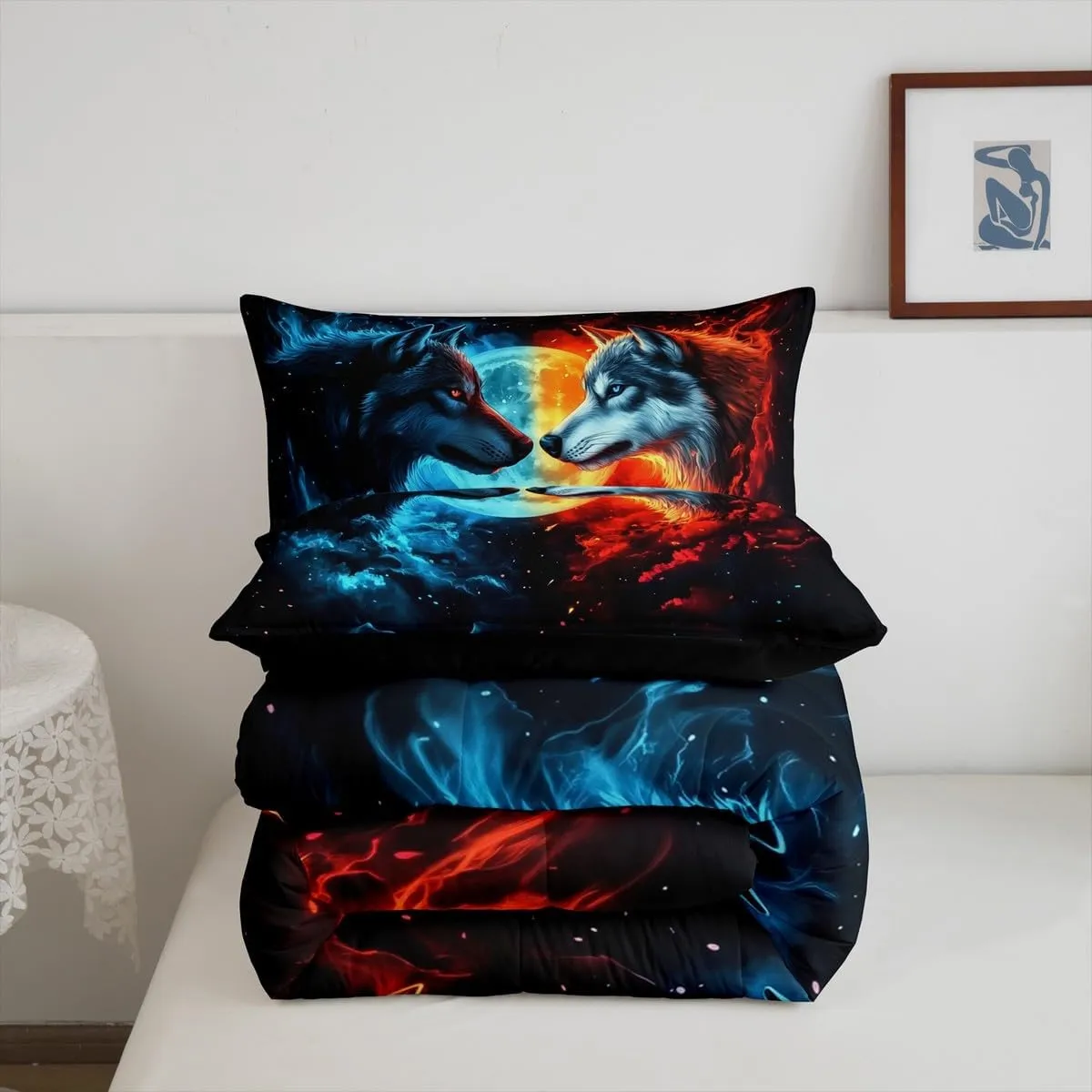 Castle Fairy Wild Wolf Bedding Set King Size 3D Fierce Animal Comforter Set for Girls Boys Room Decor Red Blue Burning Flame Down Comforter Moon Starry Galaxy Quilt Set with 2 Pillowcases