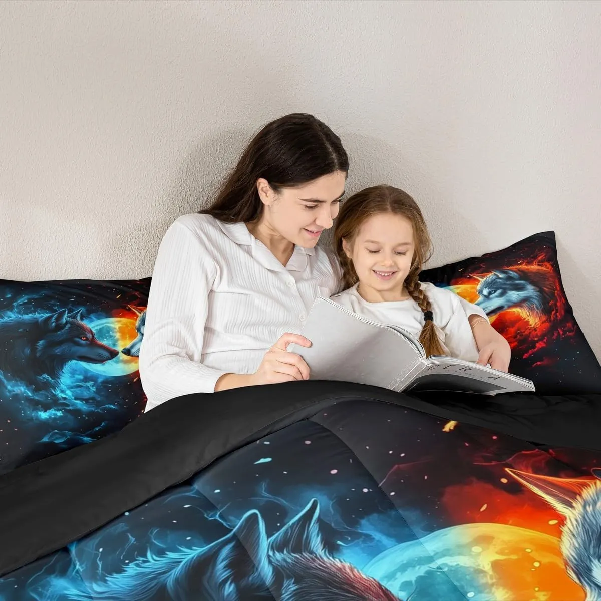 Castle Fairy Wild Wolf Bedding Set King Size 3D Fierce Animal Comforter Set for Girls Boys Room Decor Red Blue Burning Flame Down Comforter Moon Starry Galaxy Quilt Set with 2 Pillowcases
