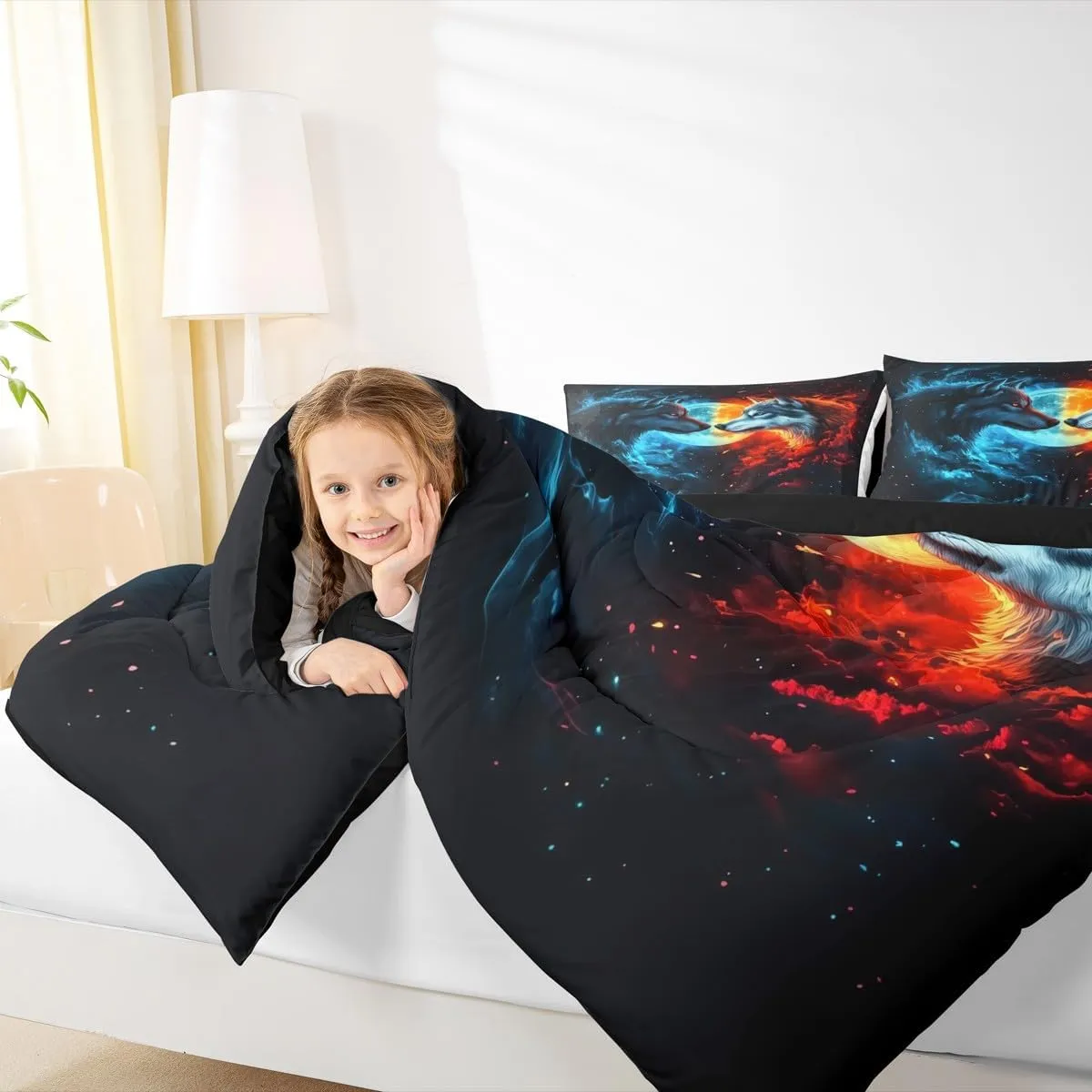 Castle Fairy Wild Wolf Bedding Set King Size 3D Fierce Animal Comforter Set for Girls Boys Room Decor Red Blue Burning Flame Down Comforter Moon Starry Galaxy Quilt Set with 2 Pillowcases