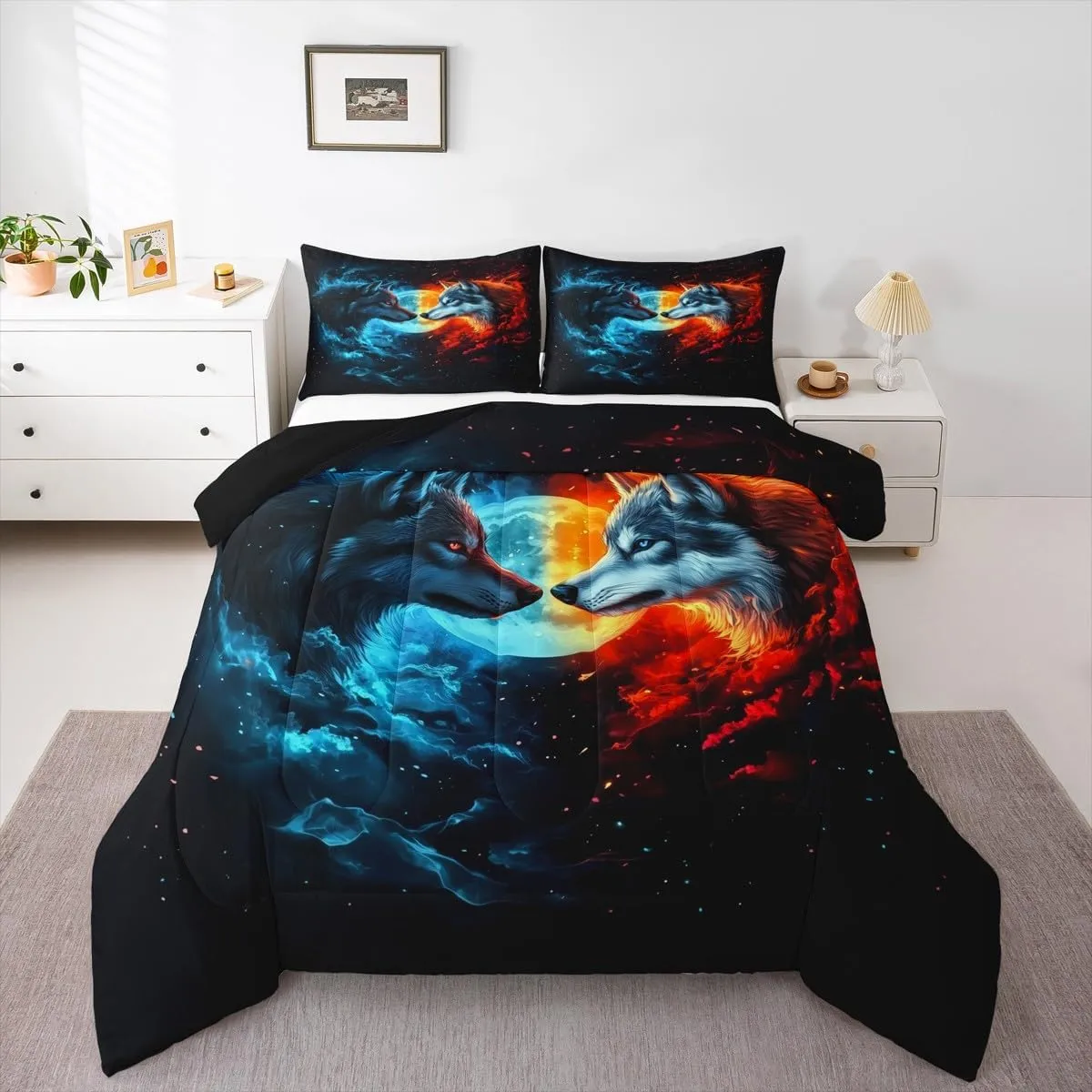 Castle Fairy Wild Wolf Bedding Set King Size 3D Fierce Animal Comforter Set for Girls Boys Room Decor Red Blue Burning Flame Down Comforter Moon Starry Galaxy Quilt Set with 2 Pillowcases