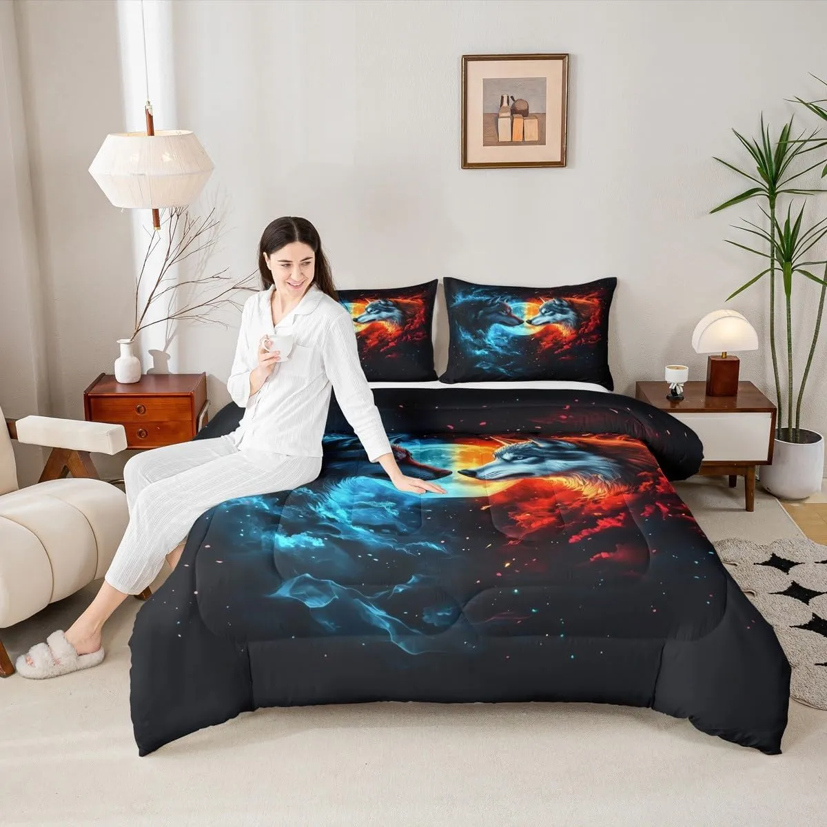 Castle Fairy Wild Wolf Bedding Set King Size 3D Fierce Animal Comforter Set for Girls Boys Room Decor Red Blue Burning Flame Down Comforter Moon Starry Galaxy Quilt Set with 2 Pillowcases