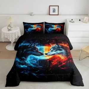 Castle Fairy Wild Wolf Bedding Set King Size 3D Fierce Animal Comforter Set for Girls Boys Room Decor Red Blue Burning Flame Down Comforter Moon Starry Galaxy Quilt Set with 2 Pillowcases