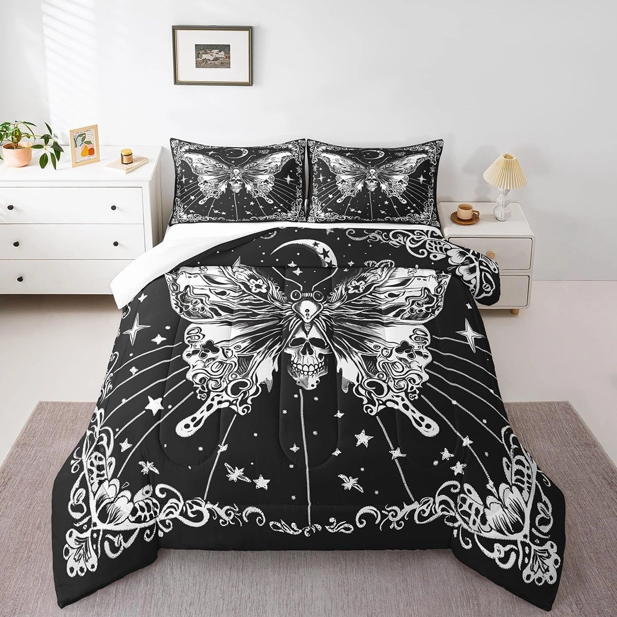Castle Fairy Butterfly Skull Comforter Set,Boho Sun Moon Bedding Set for Kids Girls Women,Adults Black White Comforter,Stars Moon Quilted Duvet Set Bedroom Collection Twin Size 2Pcs
