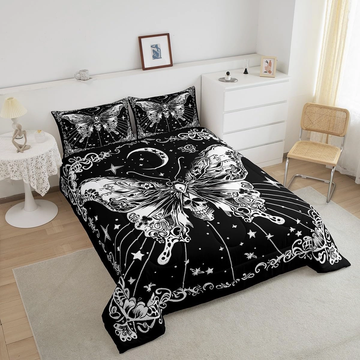 Castle Fairy Butterfly Skull Comforter Set,Boho Sun Moon Bedding Set for Kids Girls Women,Adults Black White Comforter,Stars Moon Quilted Duvet Set Bedroom Collection Twin Size 2Pcs