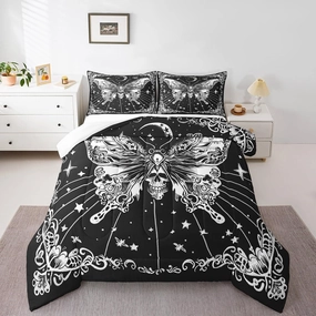 Castle Fairy Butterfly Skull Comforter Set,Boho Sun Moon Bedding Set for Kids Girls Women,Adults Black White Comforter,Stars Moon Quilted Duvet Set Bedroom Collection Twin Size 2Pcs