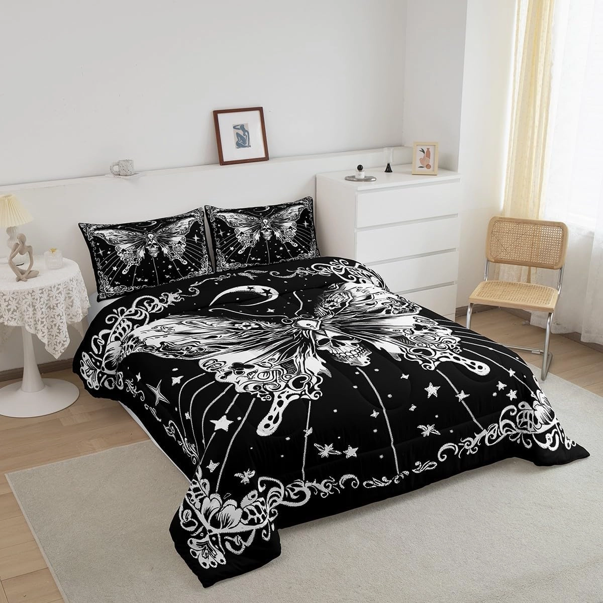 Castle Fairy Butterfly Skull Comforter Set,Boho Sun Moon Bedding Set for Kids Girls Women,Adults Black White Comforter,Stars Moon Quilted Duvet Set Bedroom Collection Twin Size 2Pcs