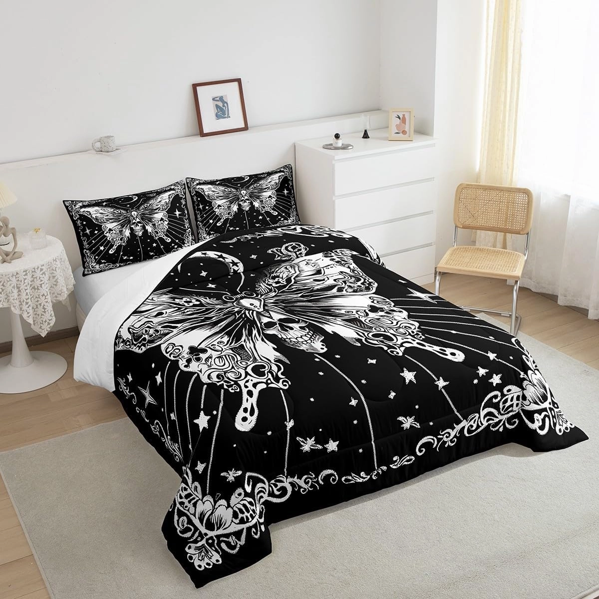 Castle Fairy Butterfly Skull Comforter Set,Boho Sun Moon Bedding Set for Kids Girls Women,Adults Black White Comforter,Stars Moon Quilted Duvet Set Bedroom Collection Twin Size 2Pcs