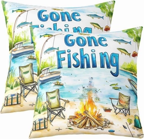 Castle Fairy Lakeside Fishing Throw Pillow Covers,Camping Adventure Cushion Covers 22"x22" for Boys Teens,Kids Boys Coastal Boat Pillowcases for Car RV,Fisherman Fishing Pillow Covers,Set of 2