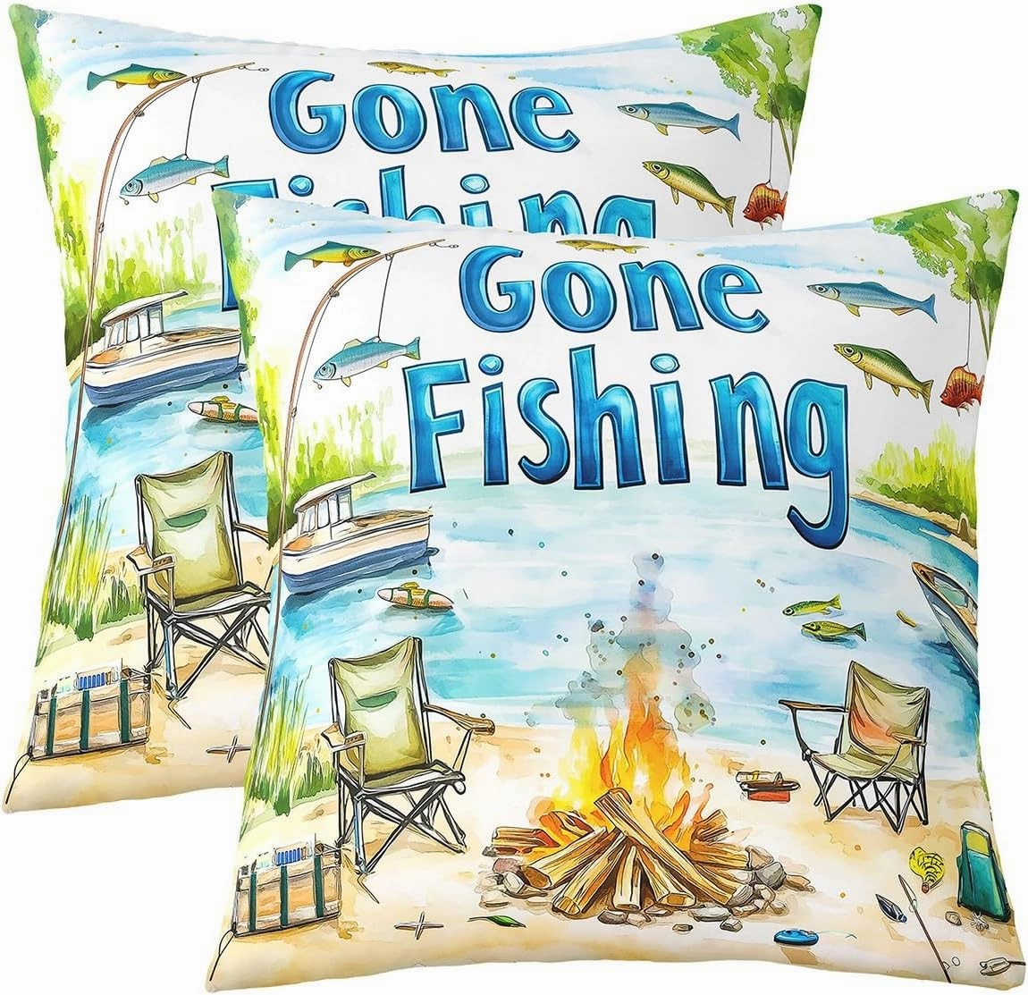 Castle Fairy Lakeside Fishing Throw Pillow Covers,Camping Adventure Cushion Covers 22"x22" for Boys Teens,Kids Boys Coastal Boat Pillowcases for Car RV,Fisherman Fishing Pillow Covers,Set of 2