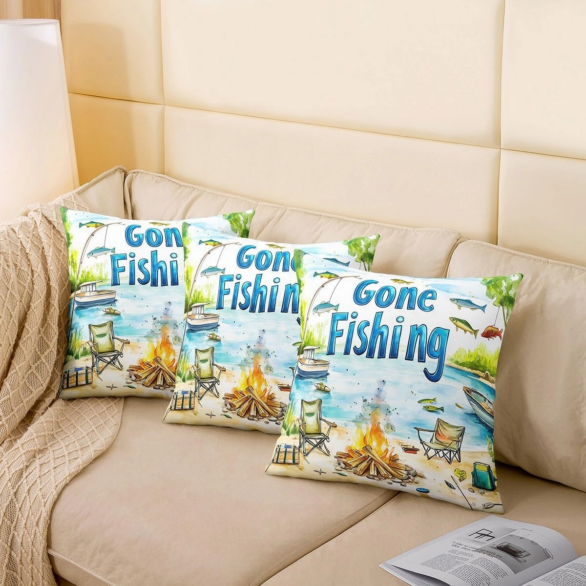 Castle Fairy Lakeside Fishing Throw Pillow Covers,Camping Adventure Cushion Covers 22"x22" for Boys Teens,Kids Boys Coastal Boat Pillowcases for Car RV,Fisherman Fishing Pillow Covers,Set of 2
