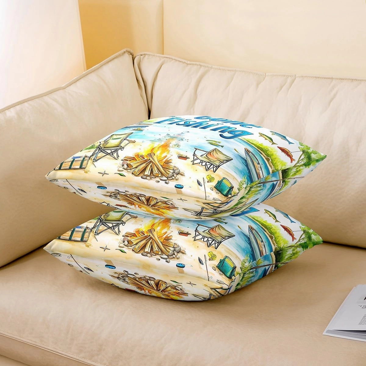 Castle Fairy Lakeside Fishing Throw Pillow Covers,Camping Adventure Cushion Covers 22"x22" for Boys Teens,Kids Boys Coastal Boat Pillowcases for Car RV,Fisherman Fishing Pillow Covers,Set of 2