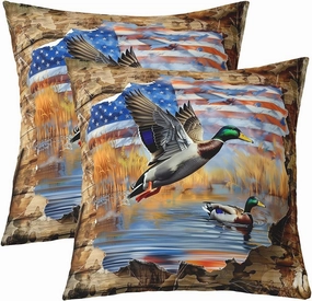 Castle Fairy Wild Duck Throw Pillow Covers,Vintage Cabin Wooden Texture Cushion Covers 18"x18" for Boys Teens,Farmhouse Style Pillowcases for Car RV,Watercolor American Flag Pillow Covers,Set of 2