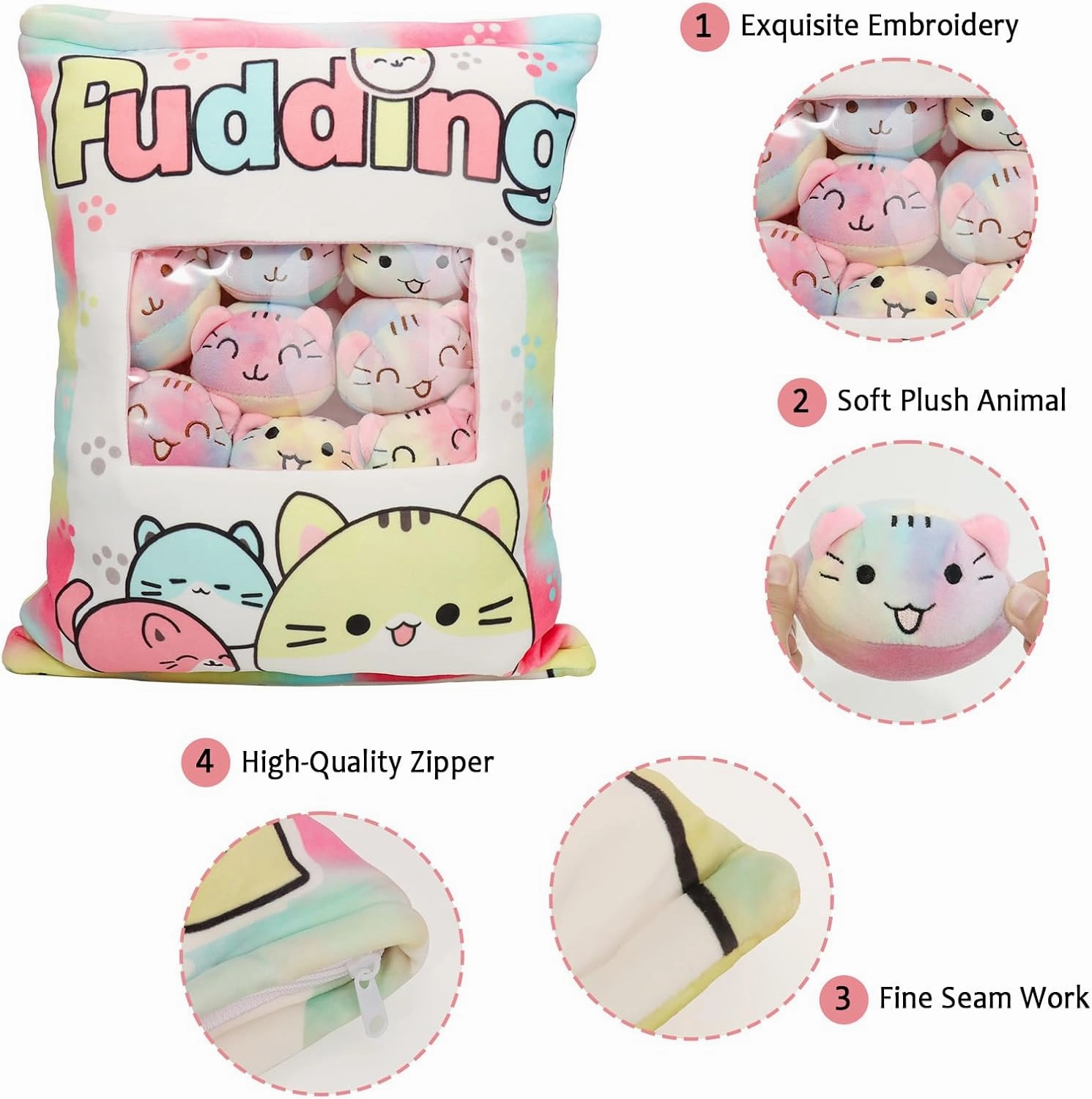 Cat Plush Pillow, Cute Plushies with Kitten Doll, Removable Stuffed Animals Throw Pillow, Kawaii Plushies Cat Toy for Kids, Gift for Girls Boys Birthday (Colorful Kittens)