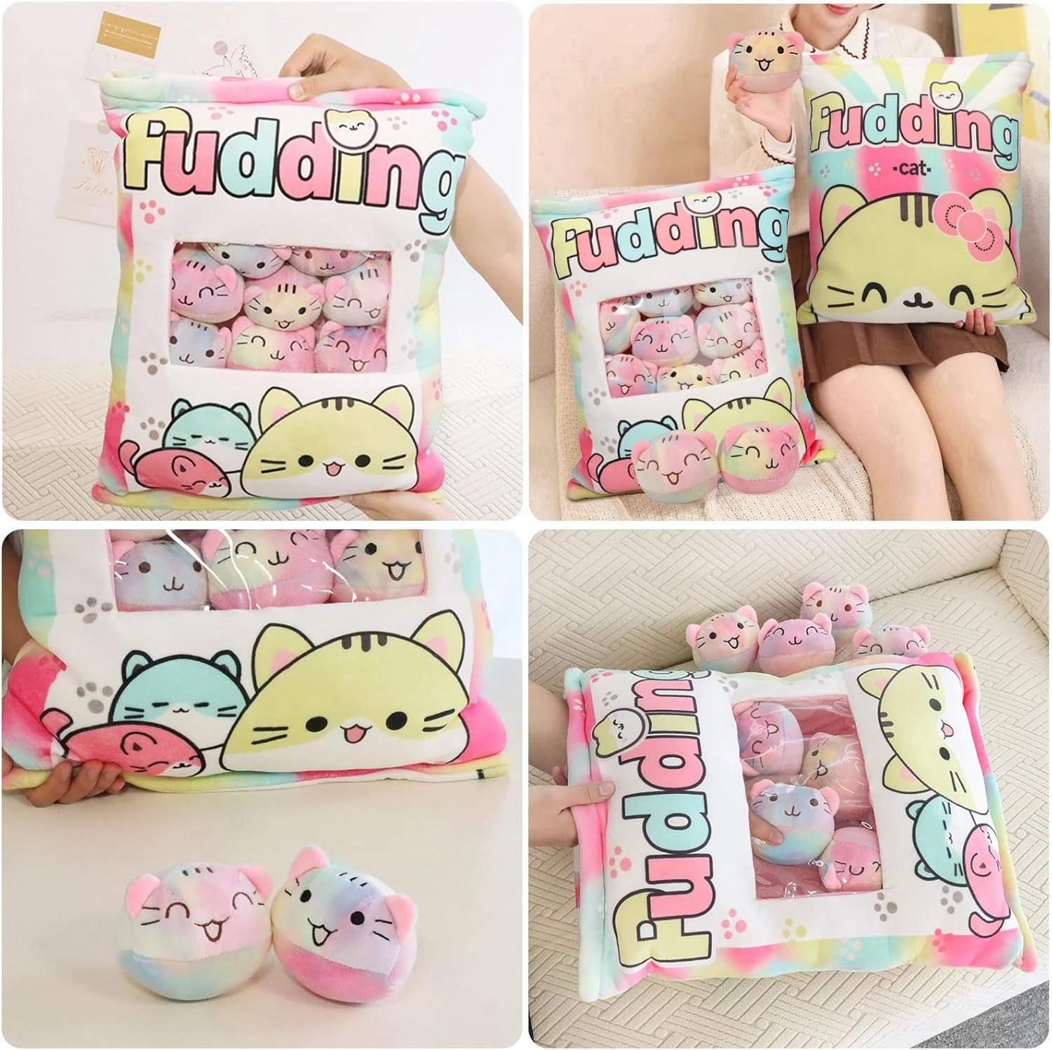 Cat Plush Pillow, Cute Plushies with Kitten Doll, Removable Stuffed Animals Throw Pillow, Kawaii Plushies Cat Toy for Kids, Gift for Girls Boys Birthday (Colorful Kittens)