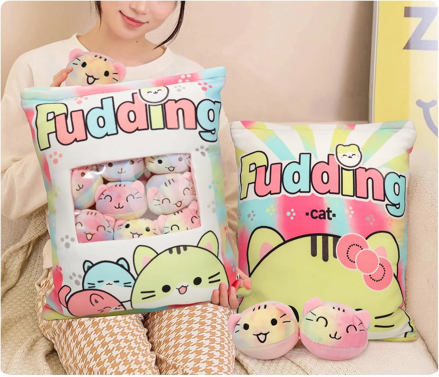 Cat Plush Pillow, Cute Plushies with Kitten Doll, Removable Stuffed Animals Throw Pillow, Kawaii Plushies Cat Toy for Kids, Gift for Girls Boys Birthday (Colorful Kittens)