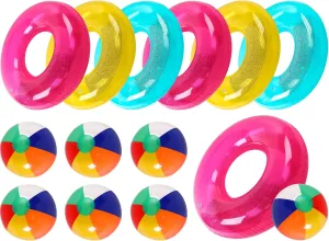 Ceenna 12 Sets Beach Floats, Including 6 Pcs Inflatable Pool Tube for Adults Swimming Rings 6 Pcs 12'' Beach Inflatable Balls for Vacation Beach Decorations Summer Activity Party