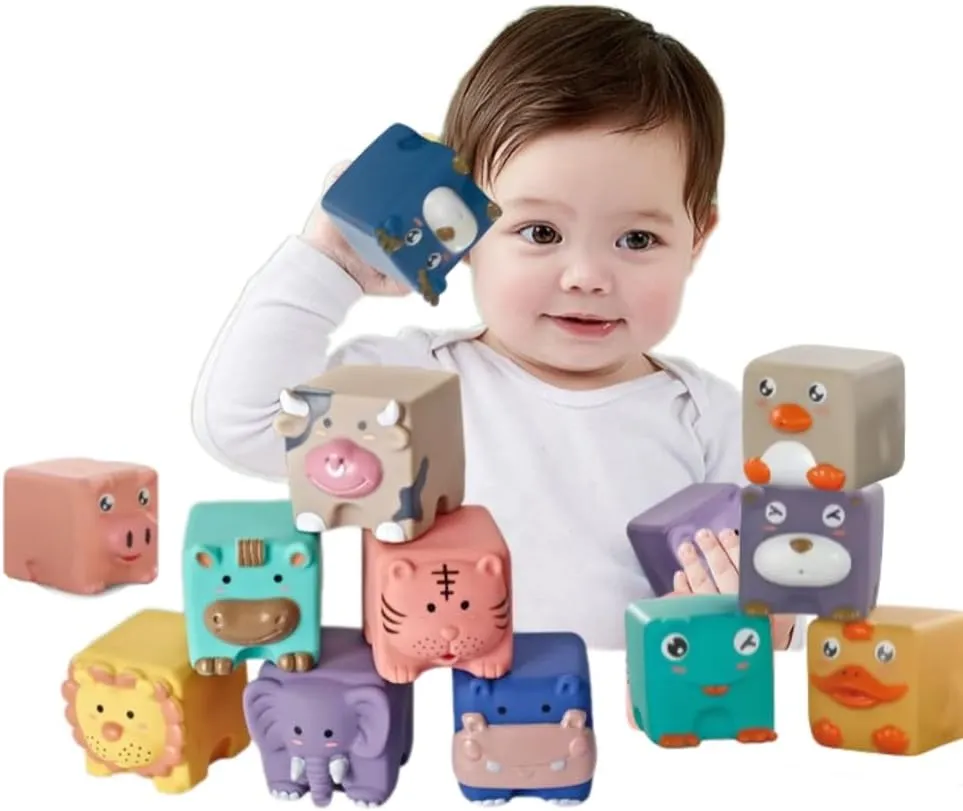 Chewable Soft Silicone Animal Blocks for Babies 6M  - 12PCS Teething Toys with 12 Animal Shapes, BPA-Free Sensory Toys for Early Learning & Motor Skills Development