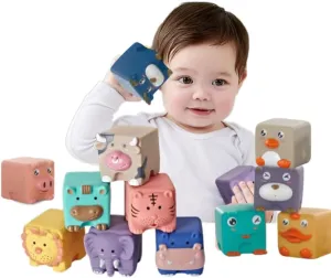 Chewable Soft Silicone Animal Blocks for Babies 6M  - 12PCS Teething Toys with 12 Animal Shapes, BPA-Free Sensory Toys for Early Learning & Motor Skills Development