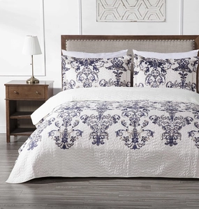 Chezmoi Collection Chloris 3-Piece Printed Floral Medallion Quilt Set - Pre-Washed Microfiber Navy Blue Taupe Light Ivory Coverlet Bedspread, Queen Size