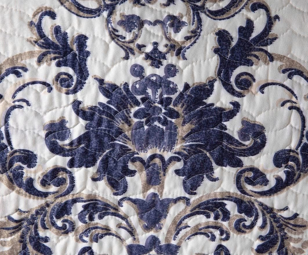 Chezmoi Collection Chloris 3-Piece Printed Floral Medallion Quilt Set - Pre-Washed Microfiber Navy Blue Taupe Light Ivory Coverlet Bedspread, Queen Size