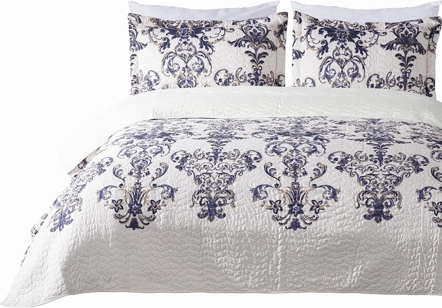 Chezmoi Collection Chloris 3-Piece Printed Floral Medallion Quilt Set - Pre-Washed Microfiber Navy Blue Taupe Light Ivory Coverlet Bedspread, Queen Size