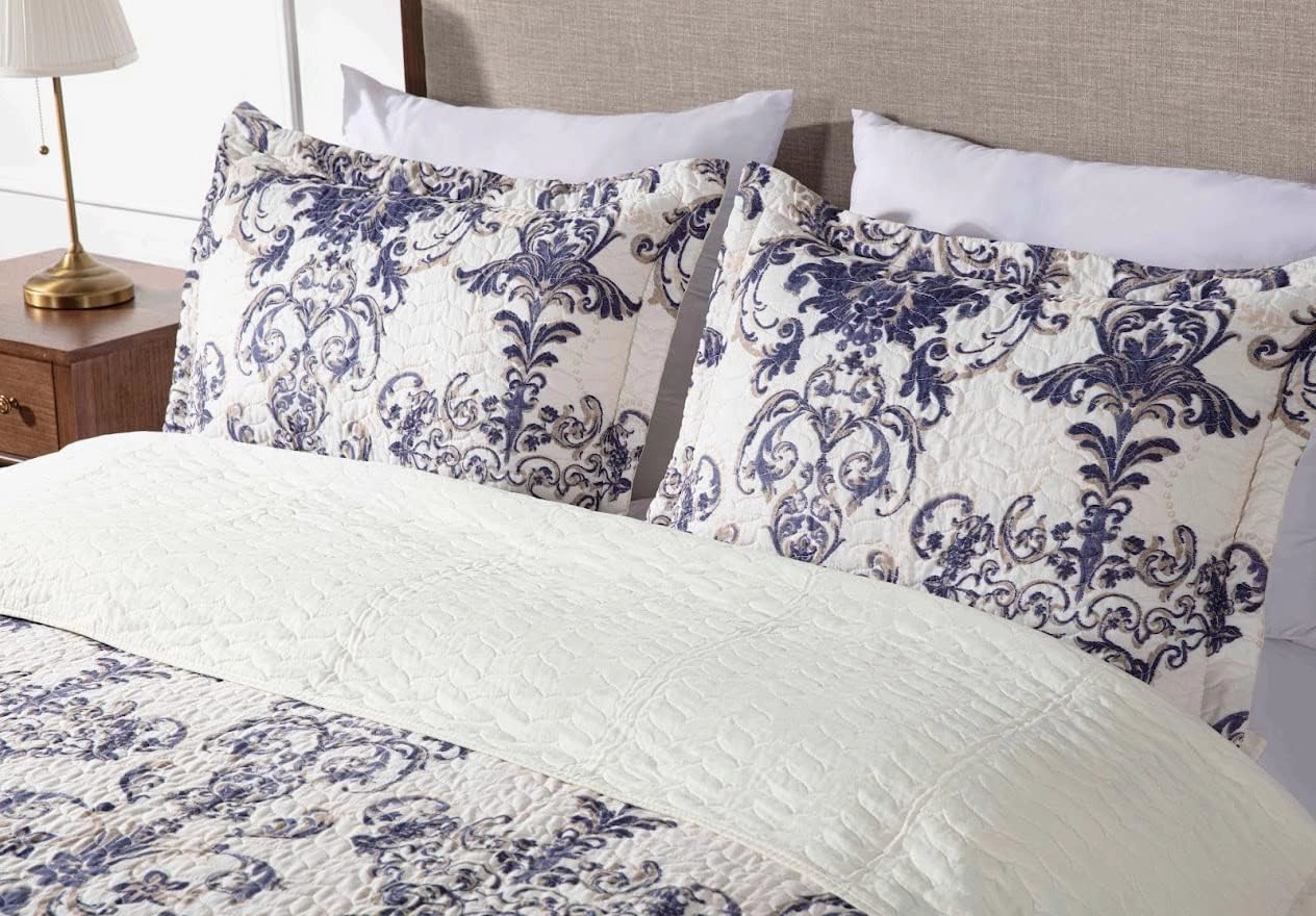 Chezmoi Collection Chloris 3-Piece Printed Floral Medallion Quilt Set - Pre-Washed Microfiber Navy Blue Taupe Light Ivory Coverlet Bedspread, Queen Size