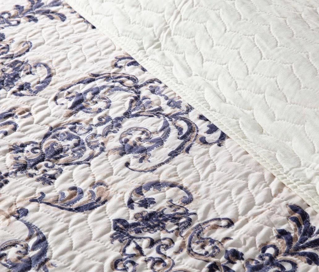 Chezmoi Collection Chloris 3-Piece Printed Floral Medallion Quilt Set - Pre-Washed Microfiber Navy Blue Taupe Light Ivory Coverlet Bedspread, Queen Size