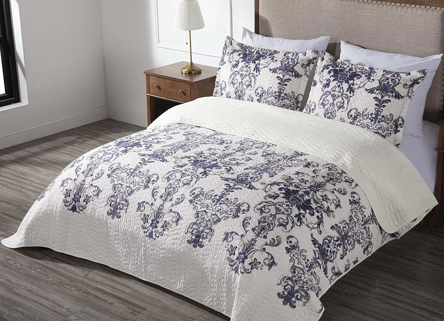 Chezmoi Collection Chloris 3-Piece Printed Floral Medallion Quilt Set - Pre-Washed Microfiber Navy Blue Taupe Light Ivory Coverlet Bedspread, Queen Size