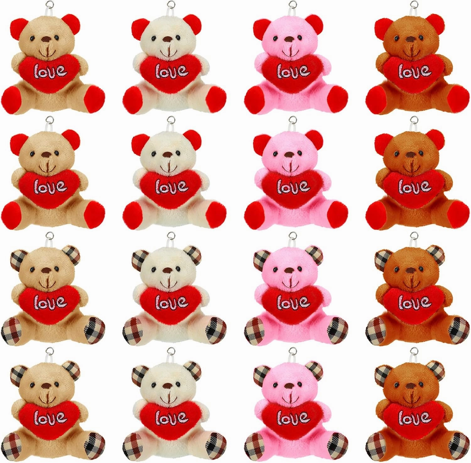 Chivao 16 Pcs Heart Bears 3.5 Inch Mini Plush Bear Toy with I Love You Heart Stuffed Animals for Valentine's Gift Keychain Wedding Birthday Party
