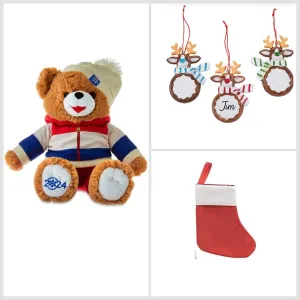 Christmas 2024 Time Snowflake Teddy Bear 15 inch Collectible Plush Teddy Bear with Christmas Reindeer Ornament and Mini Stocking (Red Striped Boy)