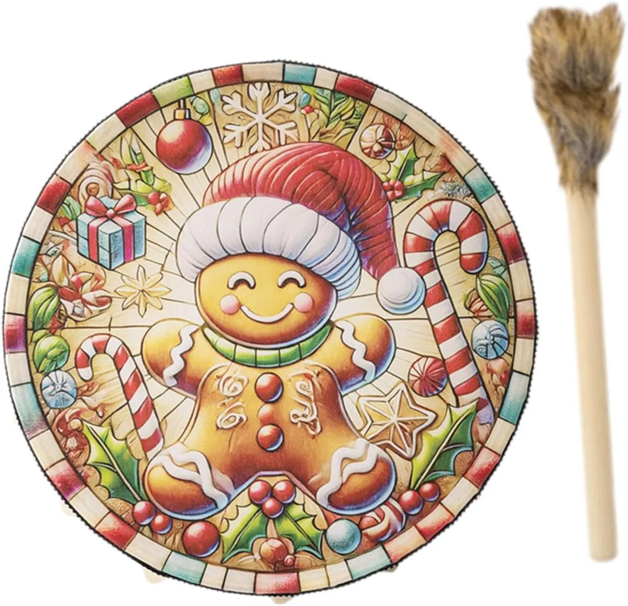 Christmas Decoration Drum Musical Toy with Drumstick Home Decor Decorative Musical Instrument Drum for Office, Cane Pattern