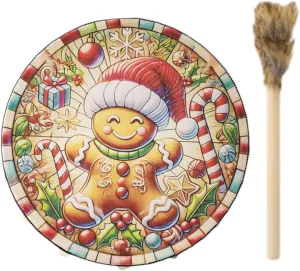 Christmas Drum Musical Instrument Drum with Drum Stick Decorative Wooden Toy Musical Toy for Office Friends Indoor Party, Cane Pattern