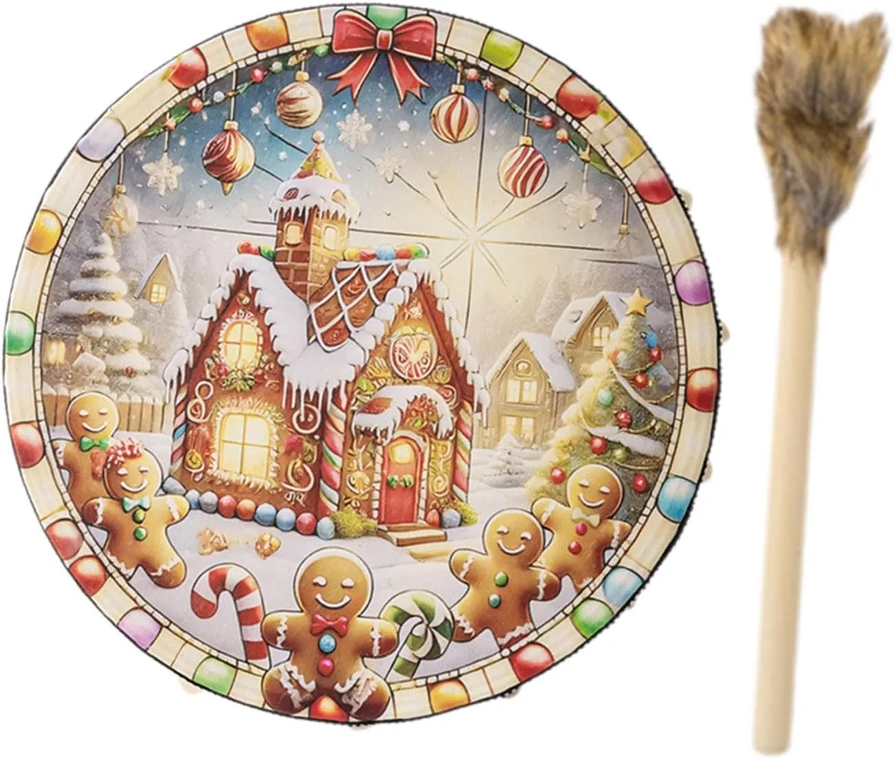 Christmas Drum Wooden Toy with Drumstick Home Decor Sound Instrument Kids Drum Musical Toy for School Bedroom Family Party, House Pattern