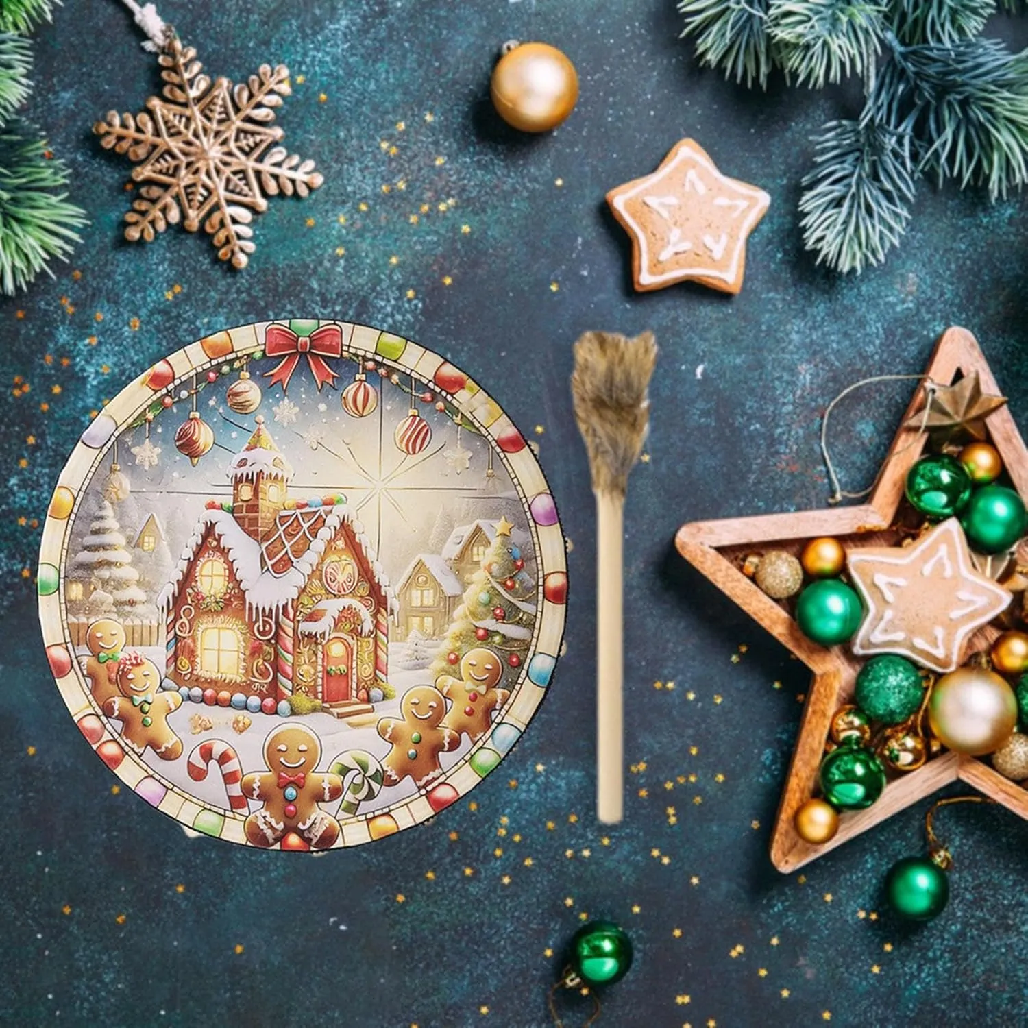 Christmas Drum Wooden Toy with Drumstick Home Decor Sound Instrument Kids Drum Musical Toy for School Bedroom Family Party, House Pattern