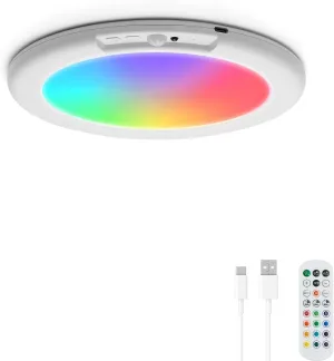 Combuh Rechargeable RGB Shower Light - 12 Color Changing Ambient Light   Cool White, Motion Activated & Remote Control, Waterproof Cordless Wall Lamp for Closet, Pantry, Bedroom, 7.48 Inch