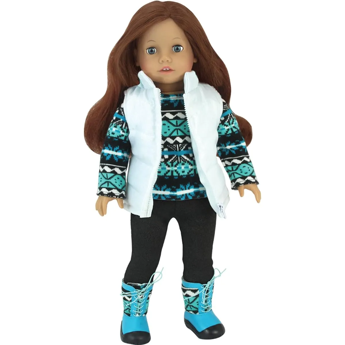 Complete 18 Inch Doll Outfit, Cool Print Long Sleeve Shirt, Black Leggings, White Quilted Vest with Matching Boots