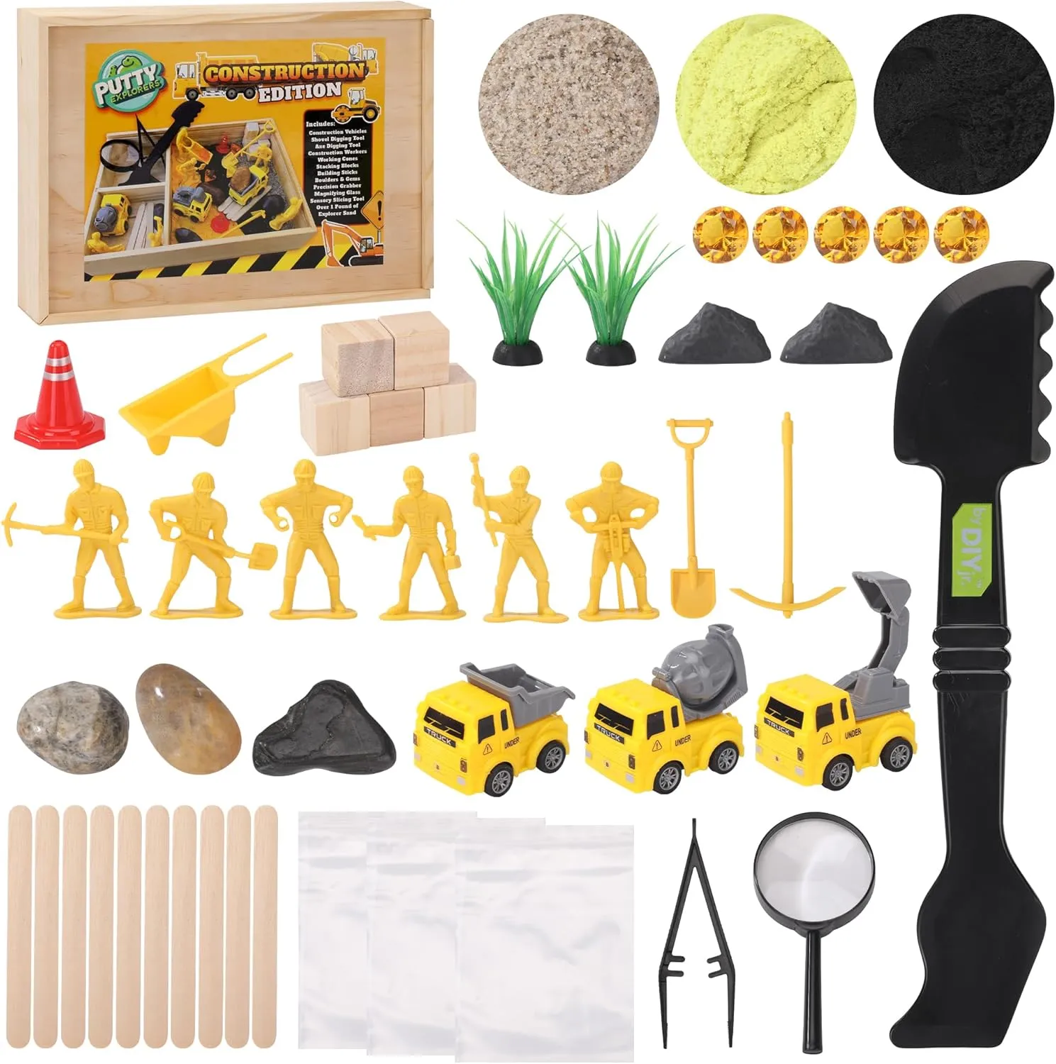 Construction Putty Explorers by DIY Jr Construction Sensory Kit with Work Vehicles, Explorer Sand, Tweezers, Rocks, Kids Magnifying Glass Creative Educational Toys for Preschoolers Sand Kit Easter