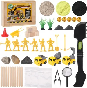 Construction Putty Explorers by DIY Jr Construction Sensory Kit with Work Vehicles, Explorer Sand, Tweezers, Rocks, Kids Magnifying Glass Creative Educational Toys for Preschoolers Sand Kit Easter