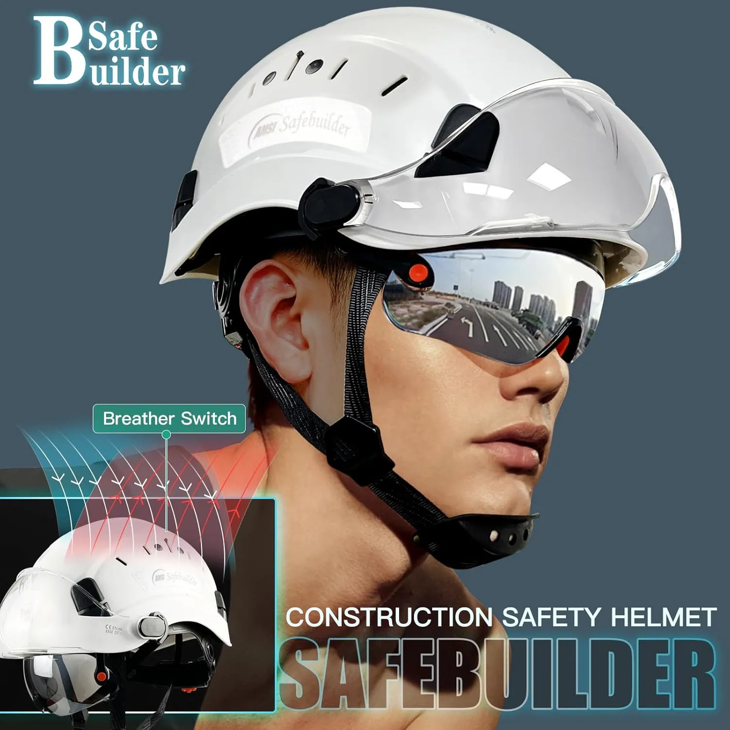 Construction Safety Helmet with Build-in Visor ABS Hard Hat with Visor Adjustable Ventilation Hardhats Work Head Protection ANSI/ISEA Z89.1