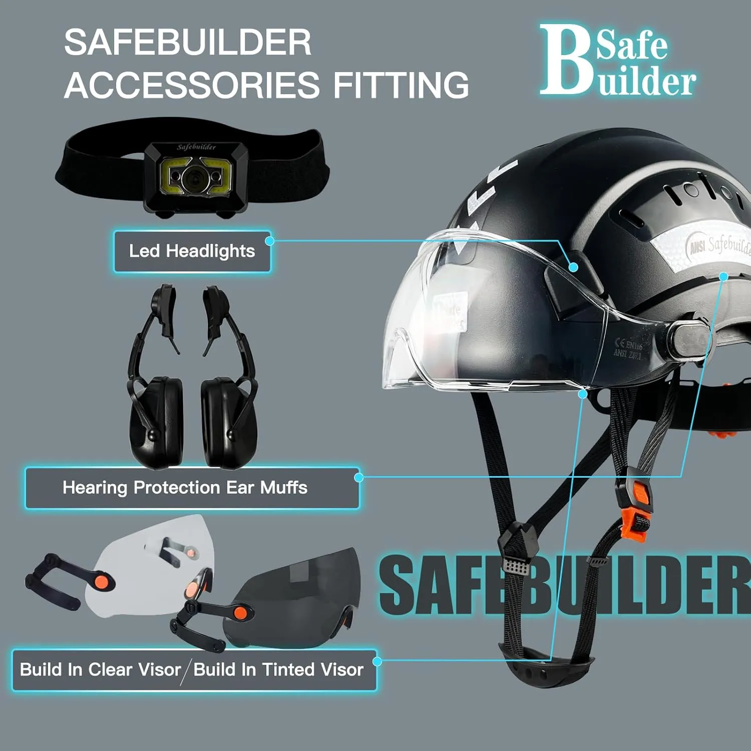Construction Safety Helmet with Visor ABS Hard Hat Adjustable Ventilation Hardhats Industrial Work Head Protection for Men Certified ANSI/ISEA Z89.1